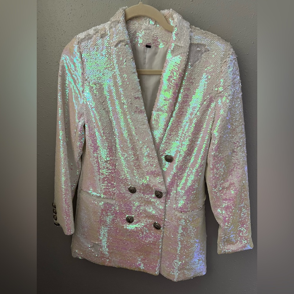 White Sequin Pearl Blazer With Silver Lion Head Buttons Size Small - Picture 3 of 11